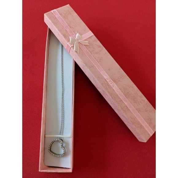 Sterling Silver w Rhinestones Heart Shape Pendant Necklace 17" chain. - Picture 8 of 8